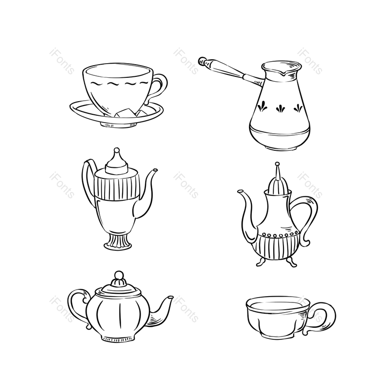 简约图片,咖啡杯元素,咖啡壶PNG,黑色线条免抠素材