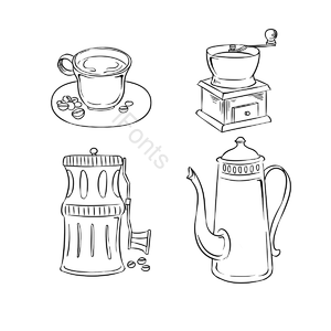 简约 咖啡杯 咖啡壶 黑色线条 手绘 咖啡机