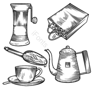 线描咖啡工具 咖啡粉 咖啡壶 黑色手绘线描 咖啡 手磨咖啡 咖啡豆