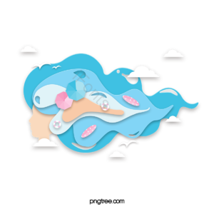 蓝色 剪纸 少女 海水 海滩 海鸥 游泳圈 划艇