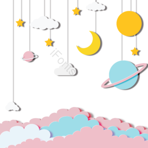 月亮 片状云 星球 粉色 蓝色 幻想 可爱 剪纸风格