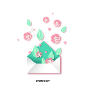 信封 几何 纸屑 彩色 花朵 粉色花朵 绿叶 剪纸