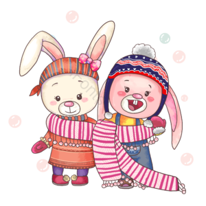 手绘 冬季 可爱 兔子 围巾 帽子 卡通 水彩画