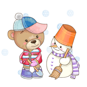 雪人 卡通 扫帚 帽子 冬季 手绘 熊 雪花