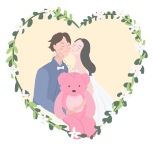 白色婚纱 粉红熊 结婚 情人 爱情 花框 婚姻 婚纱照