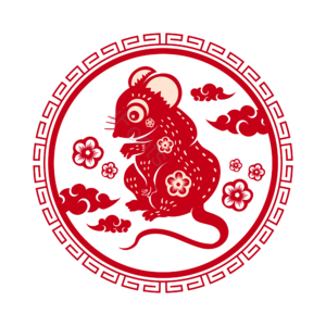 手绘竽 剪纸风格 老鼠 剪纸装饰风格 花呗 祥云 喜庆的 和风装饰