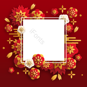 新年 中国 立体 红色 边框 梅花 金色