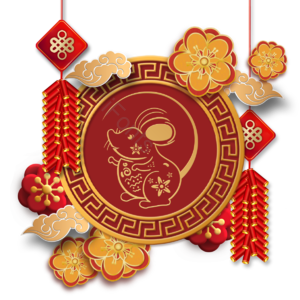 中国 传统的 鼠年新年头像框 放鞭炮古风放炮男孩 中国结 红花 黄色的花蕊 老鼠
