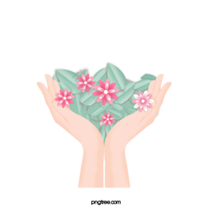 春天 双手 捧着 叶子 剪纸 小清新 花朵 卡通