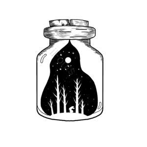 手绘风格 瓶子 黑色 白色 线稿 玻璃材质 树木 星空