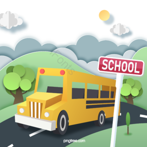 高兴愉快 学校开学了 校车 动画片 剪纸 马路指引牌 树 学术大楼