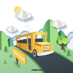 有创意的 开学季学校 校车 剪纸 树 大山高山 片状云 阳光