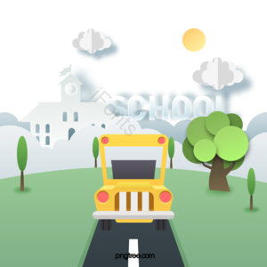 卡通 手绘 学校 开学季 校车 剪纸 回到学校 学生