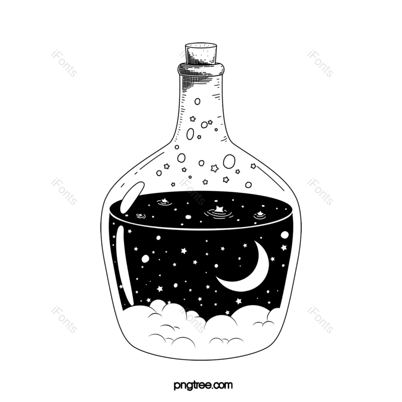 线稿图片,夜空元素,玻璃瓶PNG,月亮免抠素材