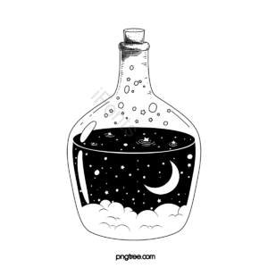 手绘 药水 玻璃瓶 线稿 白云 月亮 星星 夜空