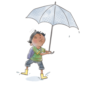 儿童 插画 雨伞 下雨 手绘 水彩 蓝色 可爱