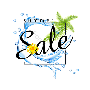 水 清凉感 summer sale 棕榈叶 透明 花式英文字体 文本框