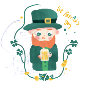 金币 啤酒 四叶草 穿绿色礼服的卡通人物 patricks day 圣帕特里克节