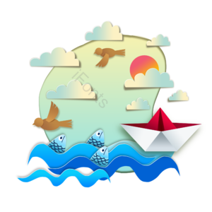 卡通 漂流 纸船 剪纸 太阳 创意 树木 自然