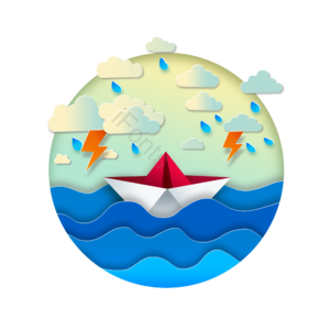 圆形 小船 旅行 剪纸 波浪 浪花 天空 白云