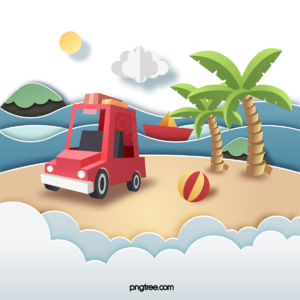 夏令 椰树 沙滩 假期中 剪纸 排球 红色 小车