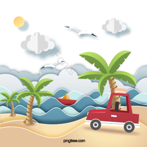 夏令 沙滩 假期中 动画片 插画用图 剪纸 夏季 白色白云