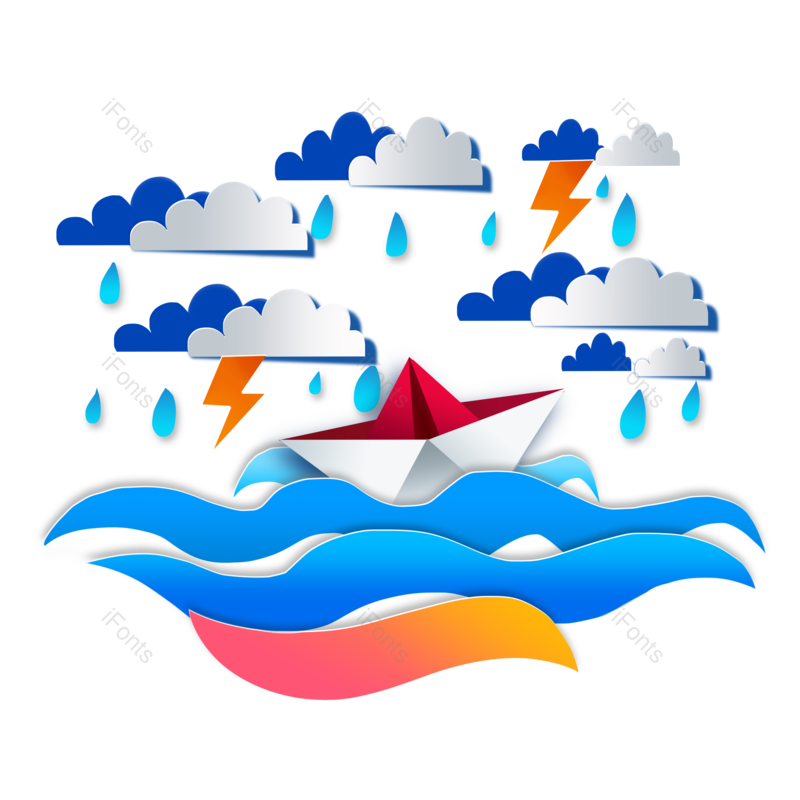 剪纸图片,雨水元素,雨滴PNG,小船免抠素材