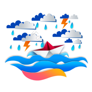 纸船 旅游 观光 剪纸 云朵 闪电 下雨 雨滴