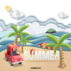 唯美 夏天 海滩 出游 手绘 剪纸 海浪 度假
