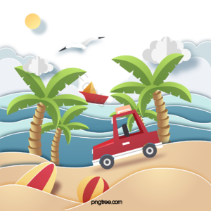 手绘 手掌 沙滩 假期中 剪纸 海浪 太阳伞 一辆车
