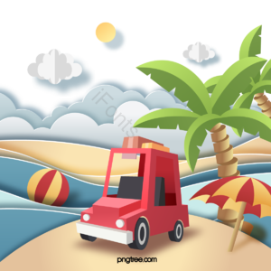 卡通 沙滩 风景 旅游 剪纸 汽车 红色 夏季
