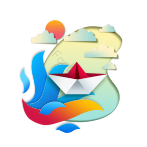 小船 休假 旅游 剪纸 创意 自然 旅行 白云