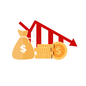 扁平 货币 贬值 下降 下调 图表 钱袋 金币