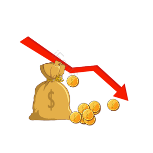 美金 卡通风格 箭头 黄色的金币 红色箭头 钱袋 散落的金币 金币贬值