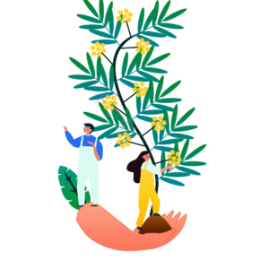 春天 手掌 花朵 黄色 植物 绿色 卡通 手绘