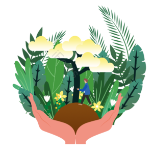 散步 树木 花朵 春天 植物 绿色 卡通 手绘