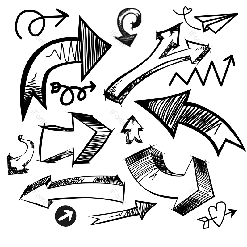 元素图片,手绘箭头元素,黑白PNG,手绘涂鸦免抠素材