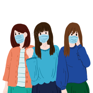 手绘 预防病毒 女生 戴口罩 红色 橙色 打气 蓝色