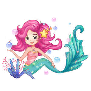 手绘 卡通 美人鱼 海底世界 海底 海草 珊瑚 水泡