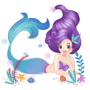 美人鱼 海底 手绘 人鱼公主 珊瑚 海星 海草 贝壳