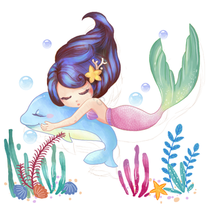 可爱 美人鱼 人鱼公主 海豚 游玩 海底 海星 珊瑚色