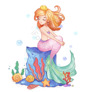 手绘竽 美人鱼 海底 礁 海草 海星 珊瑚色 贝壳