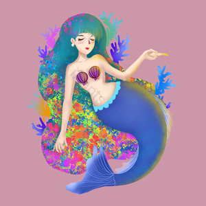 美人鱼 手工绘制的美人鱼 珊瑚色 泼墨 动画片 漂亮的美人鱼 夏日派对