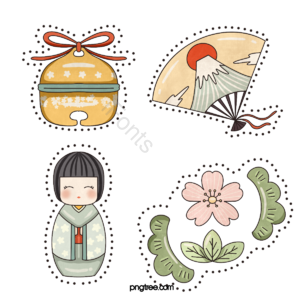 日本 樱花 铃铛 人偶 扇子 清新 手绘 简约