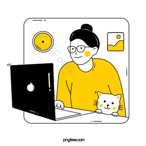 线条画样式 可爱的 卡通插图 在家工作 在线课程 学习 在线工作 女孩和猫