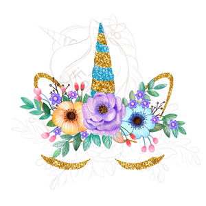 手绘竽 动画片 可爱 花礼 水彩绘画 金粉粉末 独角马 热带花卉