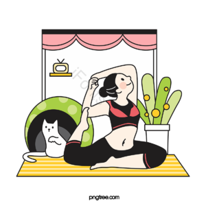 女性 瑜珈 运动 健康的 室内 猫 发芽植物盆栽 悠闲时光
