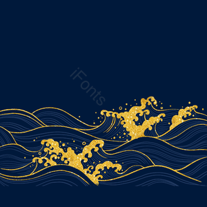 海浪 波纹 金色 手绘 蓝色 日式风格 复古 亮晶晶