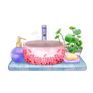 水彩画 浴室 洗脸池 洗面盆 盆栽 植物 水池 洗手液