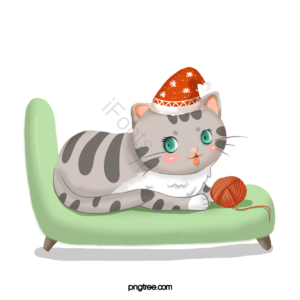 猫 动物 卡通 手绘 沙发 毛线球 灰色 绿色